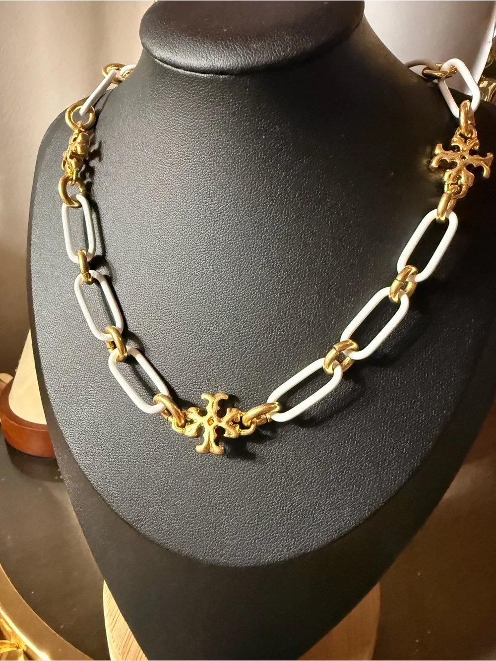 Tory Burch Gold and White Link Necklace with Signature Logo